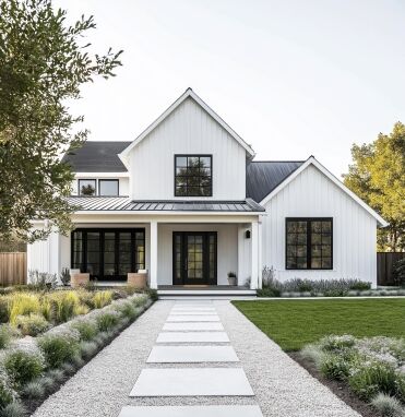 Walkway leading to white home with new black-trimmed windows