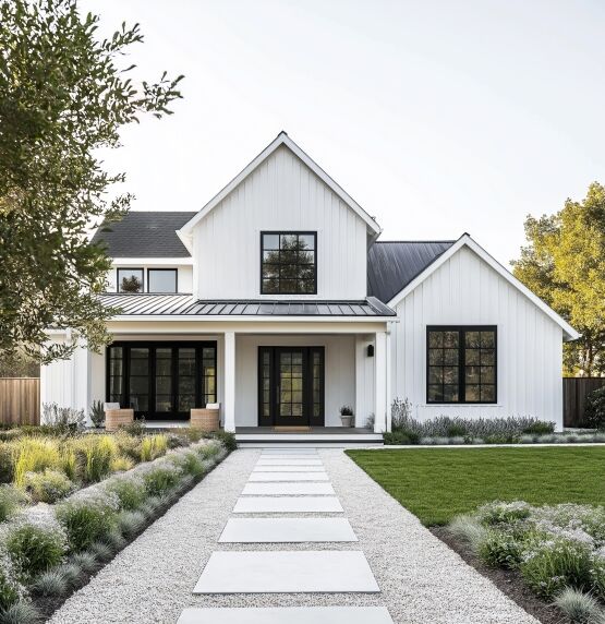 Walkway leading to white home with new black-trimmed windows