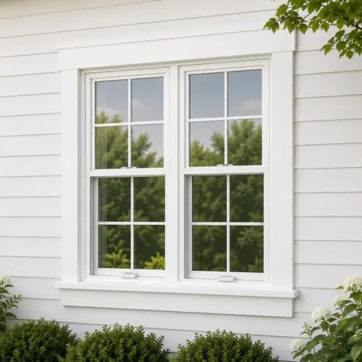 An exterior view of a white double-hung window with a grid pattern, installed in a home with horizontal white siding.