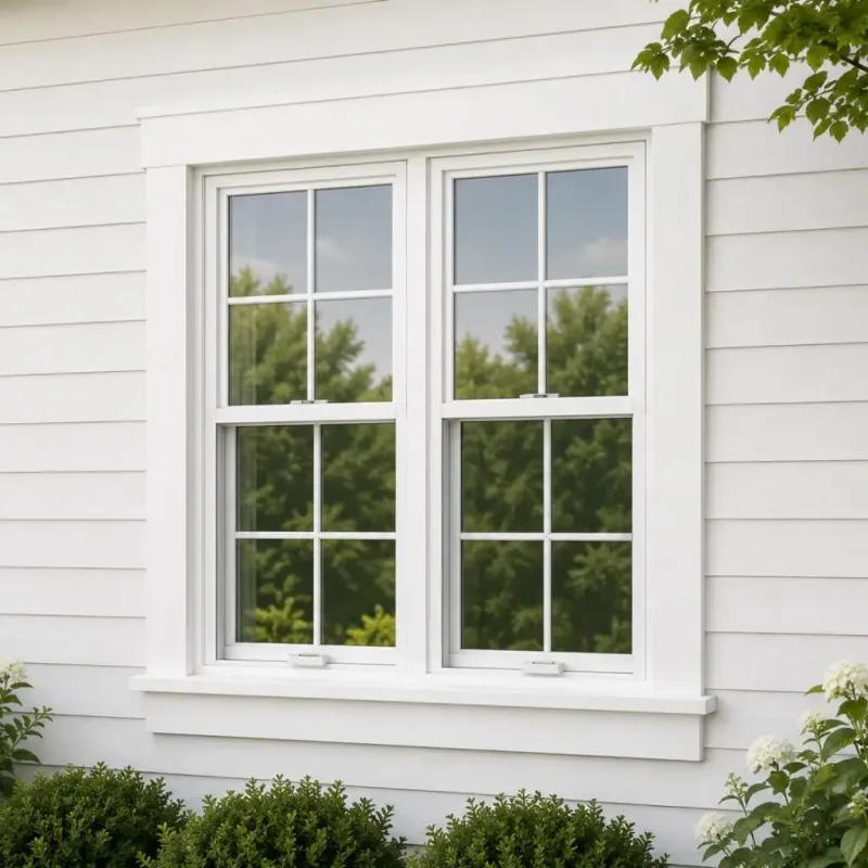 An exterior view of a white double-hung window with a grid pattern, installed in a home with horizontal white siding.