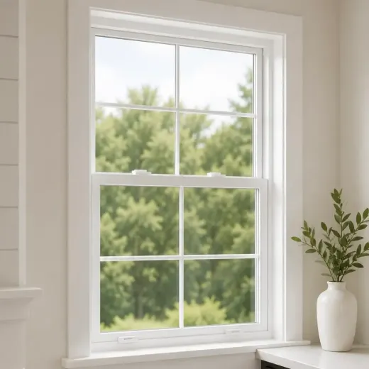 Interior view of a white double-hung window with a grid pattern.