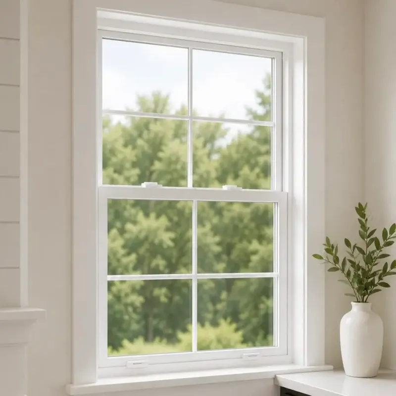 Interior view of a white double-hung window with a grid pattern.