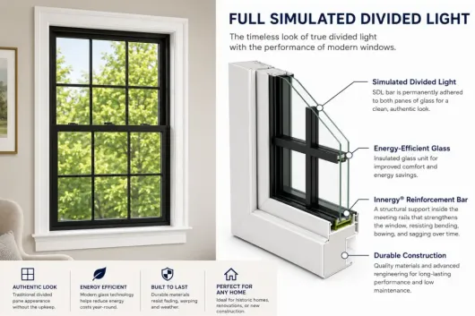 An infographic detailing the "Full Simulated Divided Light" technology of a modern window, showing a finished black window installation on the left and a 3D cross-section diagram.