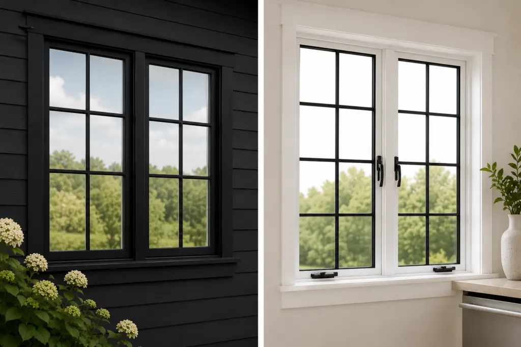 A side-by-side comparison image showcasing a twin casement window with black grilles, viewed from a moody black exterior and a bright interior with white trim.