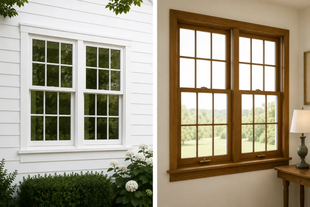 A side-by-side comparison image showing a double-hung twin window with a multi-pane grid pattern, viewed from both a white exterior and a stained wood interior.