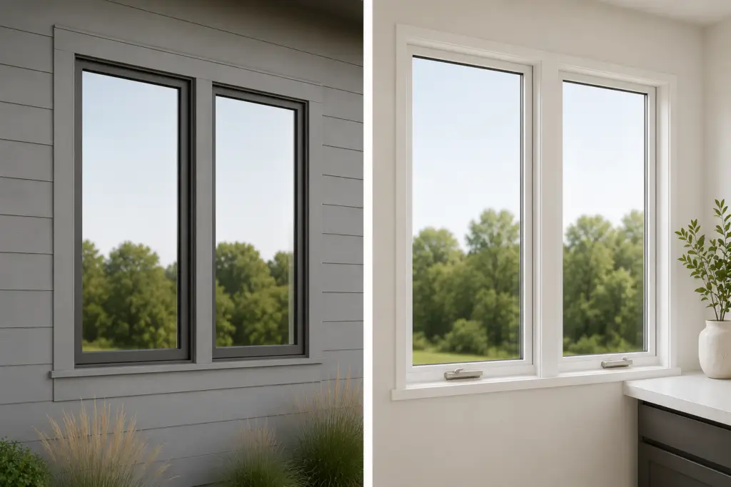 A side-by-side comparison image showing a dual casement window without grids, viewed from both a dark modern exterior and a bright, minimalist interior.