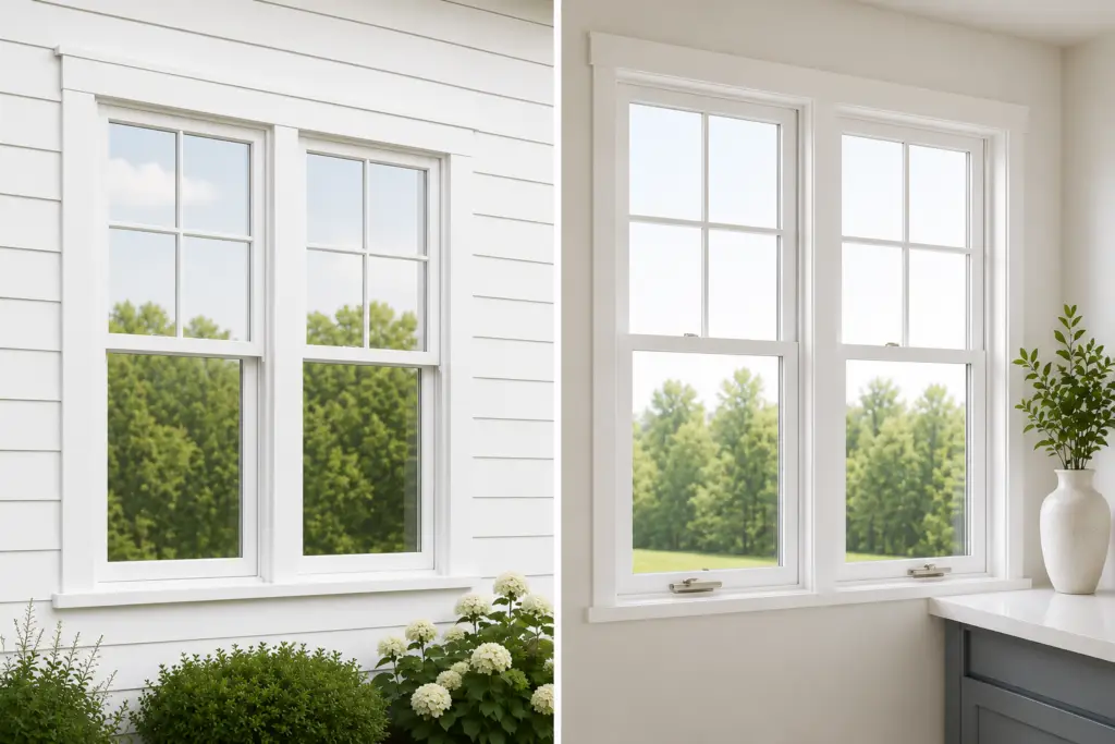 A side-by-side comparison image showing a white double-hung window with a grid pattern, viewed from both the home's exterior with siding and the interior.