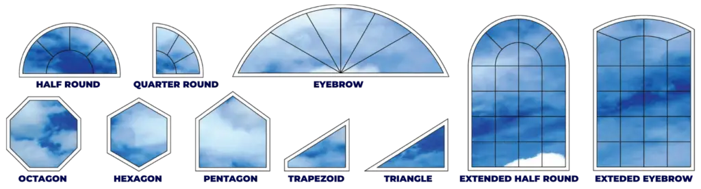 A chart displaying ten specialty-shaped window frames with white trim, each reflecting a blue sky with clouds and labeled with its geometric or architectural name.
