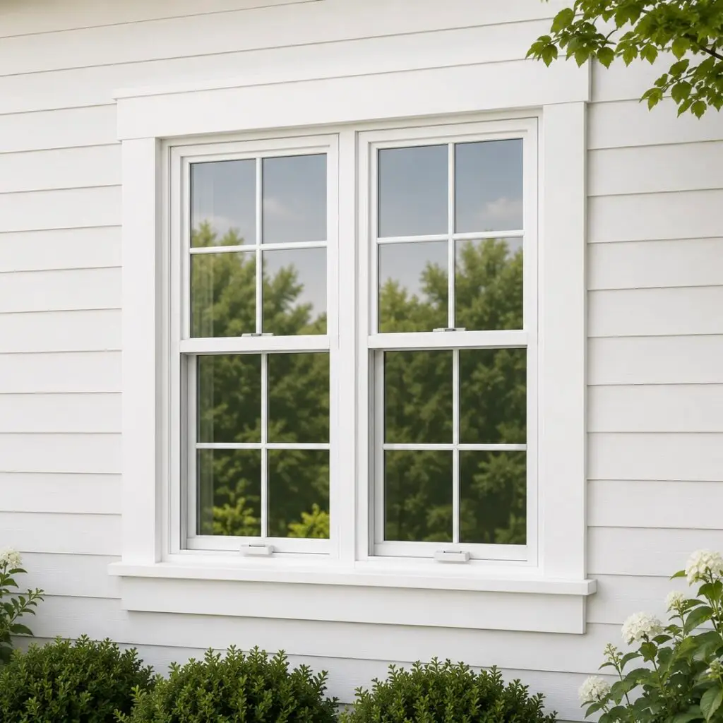 An exterior view of a white double-hung window with a grid pattern, installed in a home with horizontal white siding.