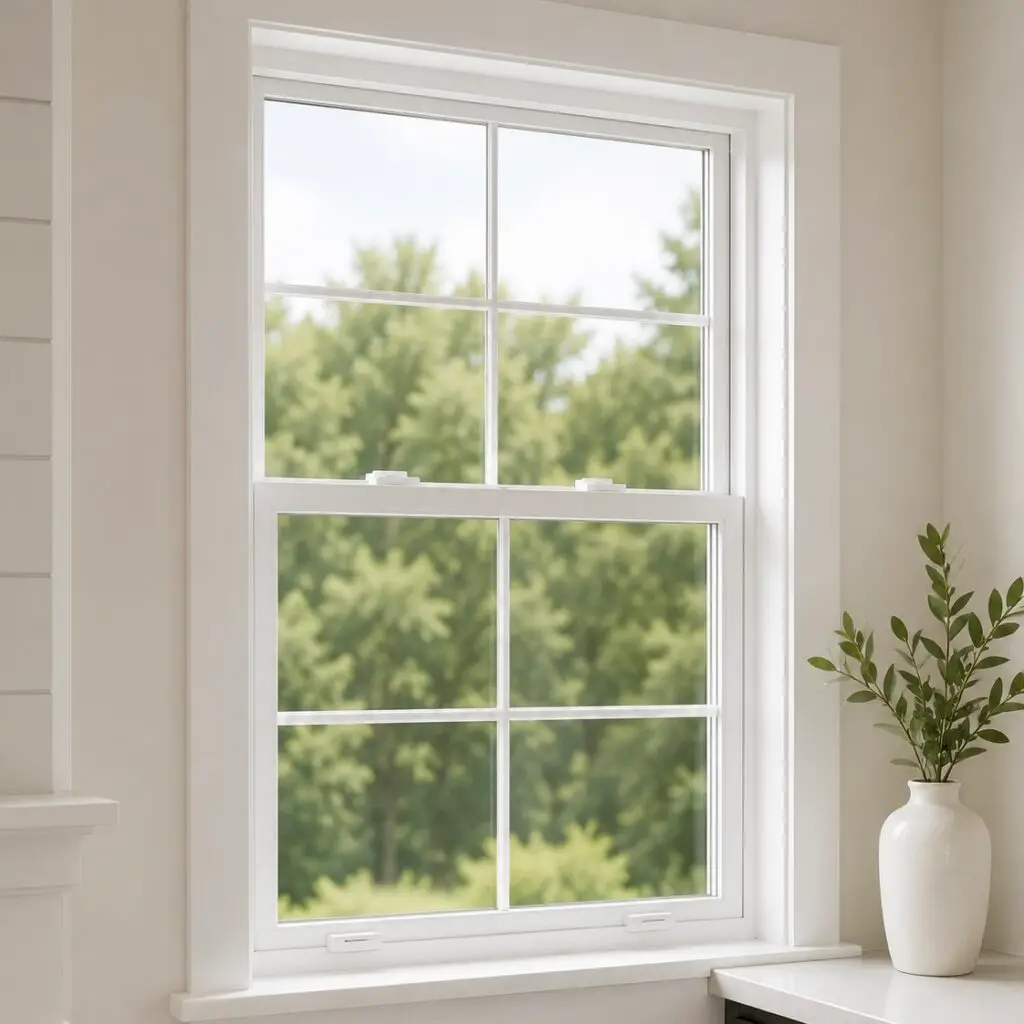 Interior view of a white double-hung window with a grid pattern.