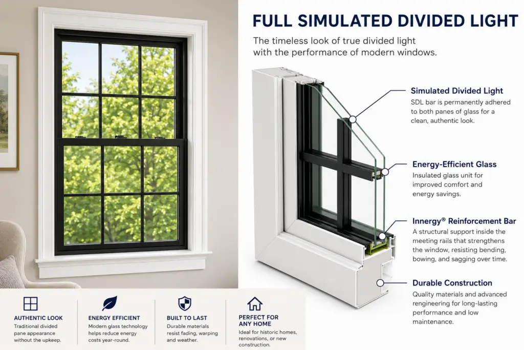 An infographic detailing the "Full Simulated Divided Light" technology of a modern window, showing a finished black window installation on the left and a 3D cross-section diagram.