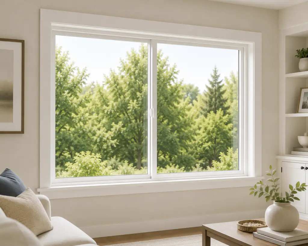 Interior view of a white horizontal sliding window.